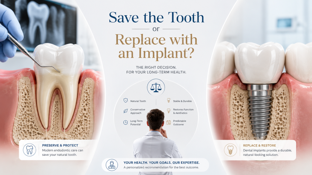 specialist decision on whether to save a tooth or replace it with an implant