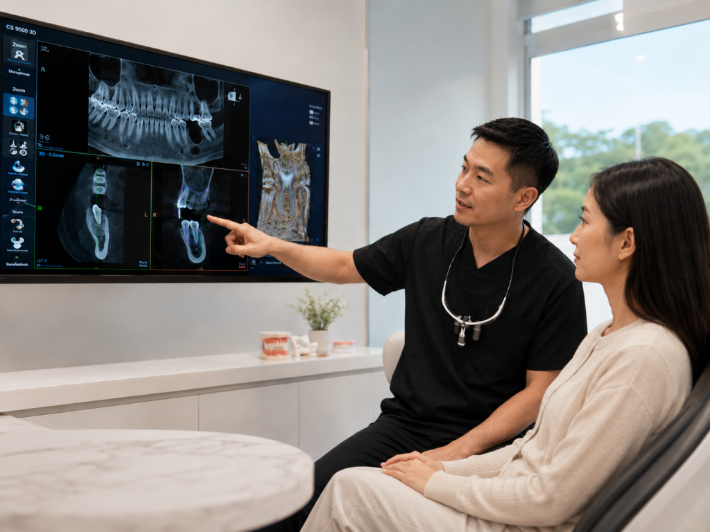 dentist explaining to patient whether to save a tooth or replace with an implant